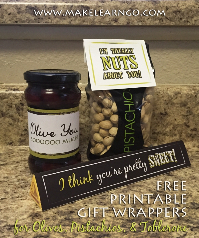Free Printable Gift Wrappers- Olives, Pistachios, Toblerone